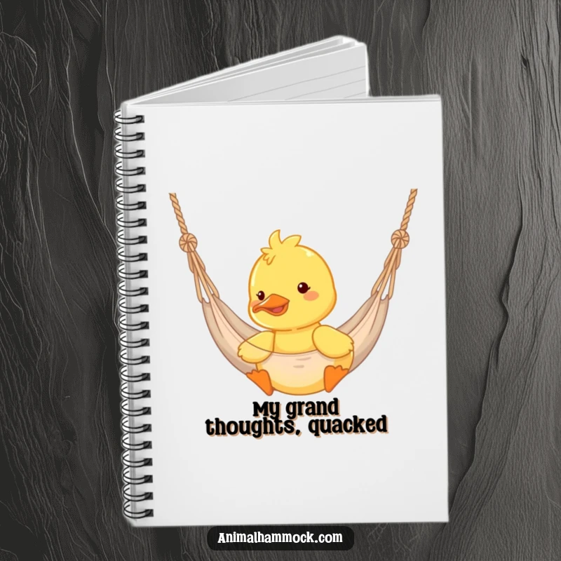 Funny duckling happily bouncing in a hammock on a notebook cover, perfect for jotting down happy thoughts.