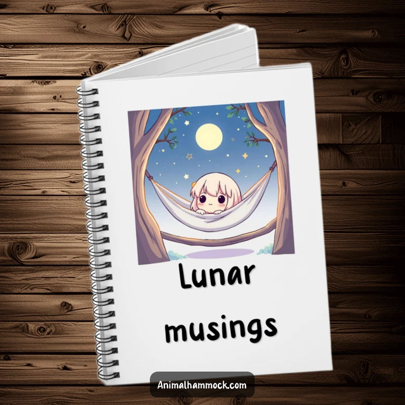 Funny notebook with a cute character in a hammock, gazing at a starry, moonlit sky, designed for capturing thoughts and inspirations.