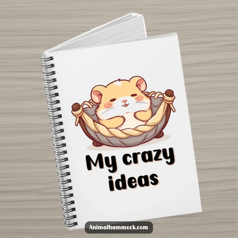 Funny contented hamster rolling joyfully in a miniature hammock, printed on a notebook cover, inspiring cheerful thoughts and offering a humorous touch.