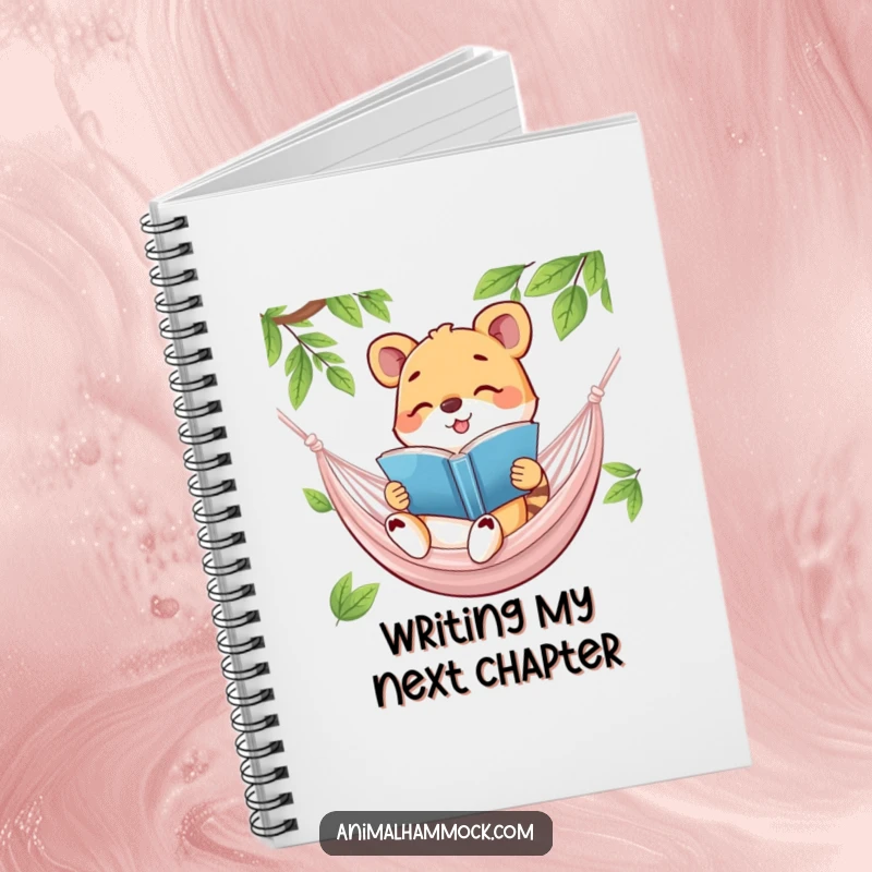 Funny notebook cover with a happy animal reading a book in a hammock, perfect for jotting down inspired stories and hilarious observations.