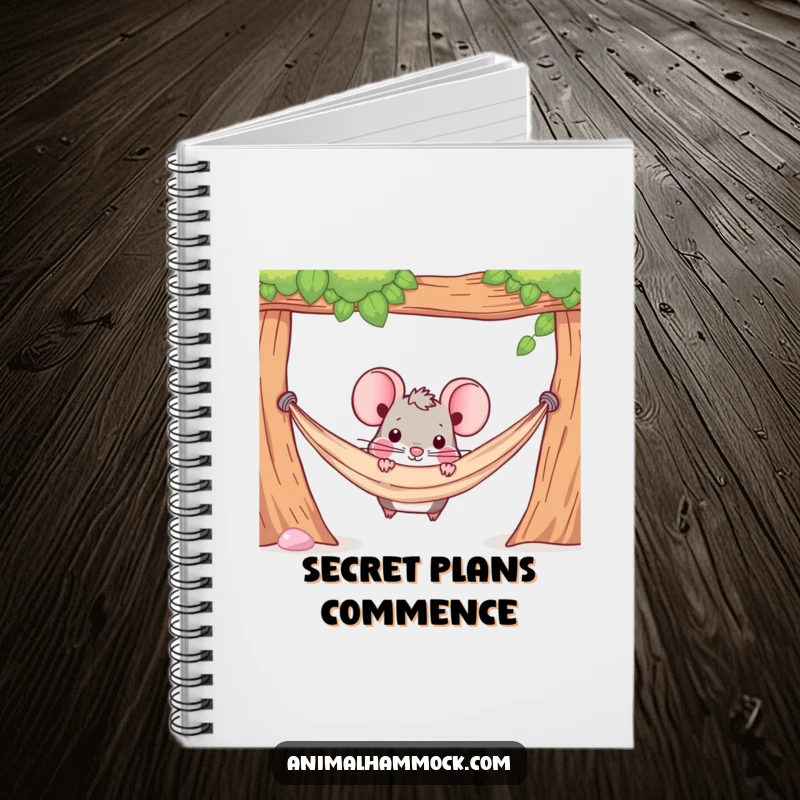 Funny notebook cover with a determined mouse character peeking out from under a hammock, ideal for secret notes.