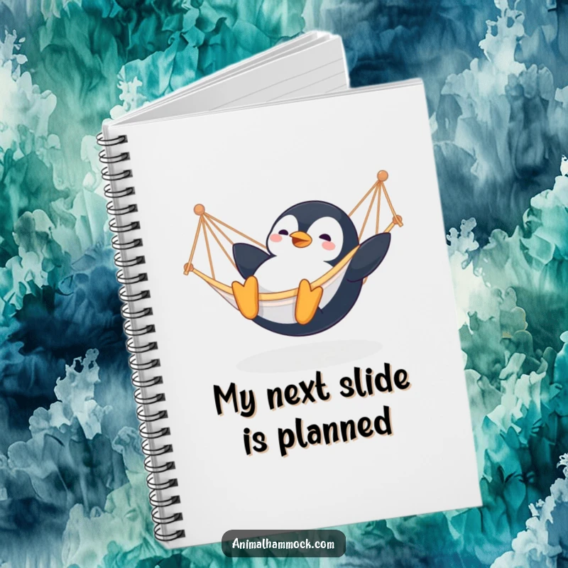 Funny Penguin Notebook: A notebook with a happy penguin sliding into a hammock, offering comedic inspiration for writing and planning, a fun gift.