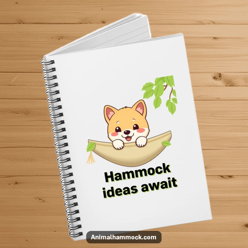 Funny Shiba Inu notebook with a playful puppy cheerfully peeking over a hammock, ideal for writing and creativity, a cool funny gift.