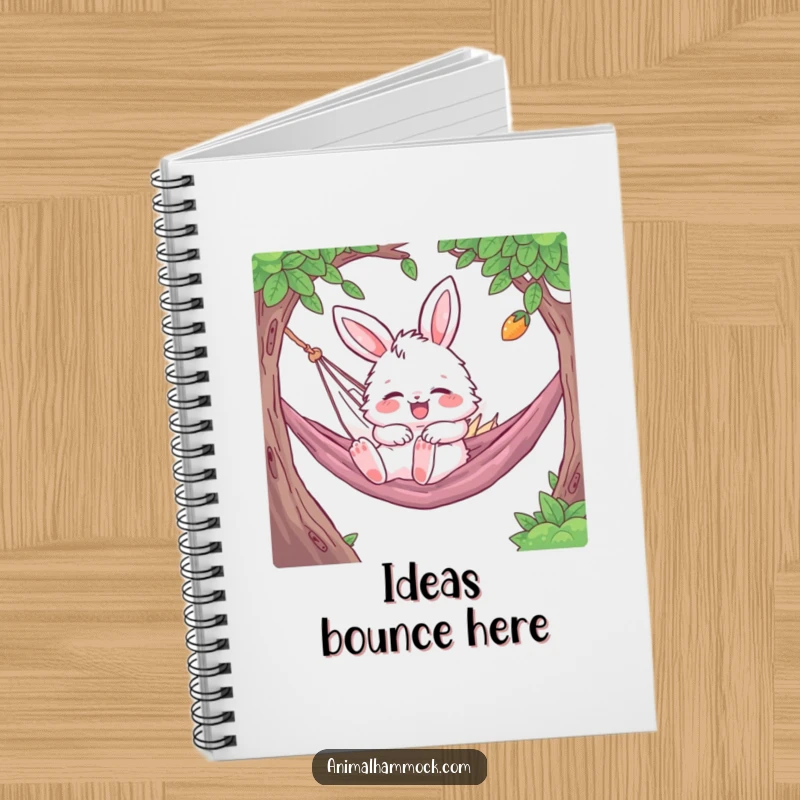 Funny Bunny Notebook with a fluffy character gleefully bouncing while napping in a hammock, ideal for note-taking with a dose of humor.