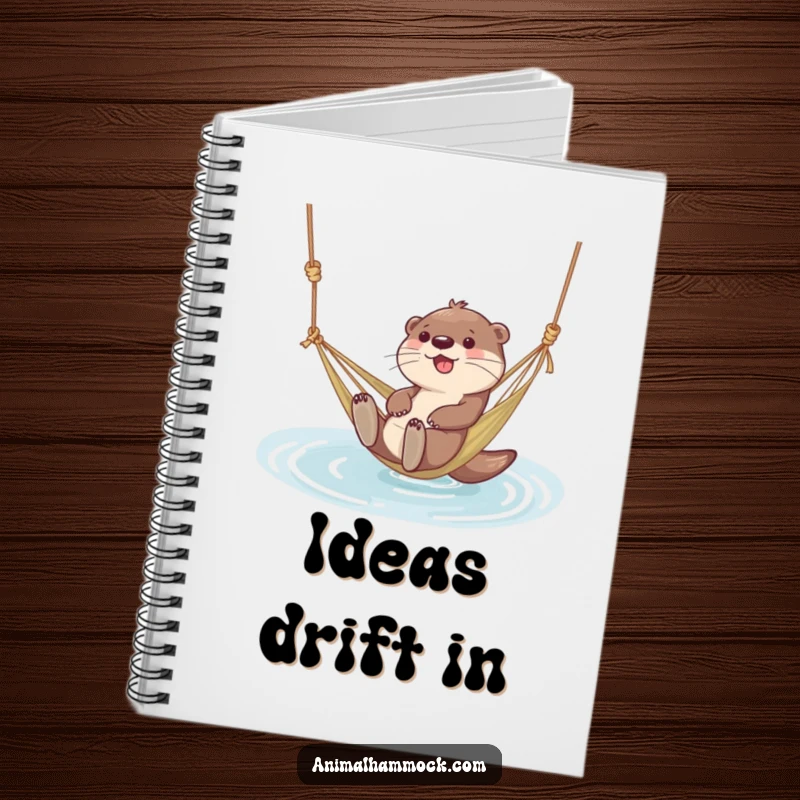Funny notebook cover with a giggling otter character floating in a hammock near water, ideal for journaling dreams.