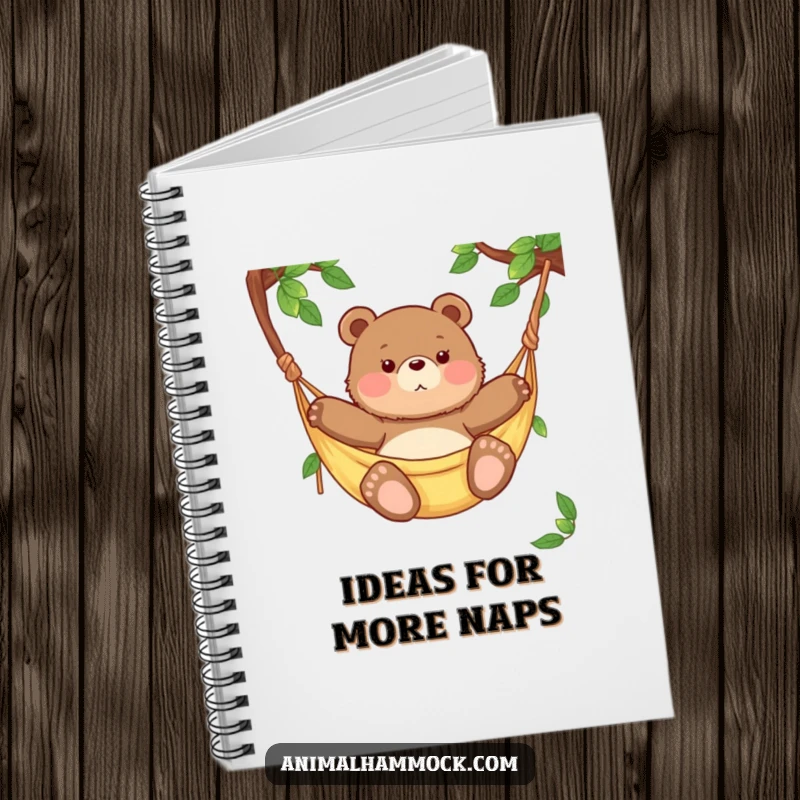 Funny chubby bear cub swaying in a hammock, featured on a notebook cover for humorous note-taking and journaling.