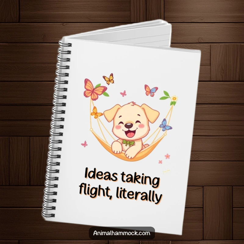 Funny Puppy Notebook: A notebook with a playful puppy chasing butterflies near a hammock, offering comedic inspiration for writing and planning, a fun gift.