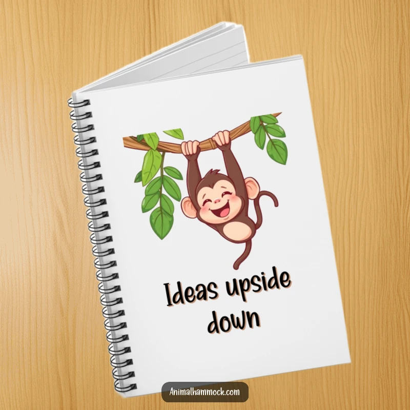 Funny monkey notebook cover with a giggling primate hanging upside down in a hammock, suggesting humorous and creative writing.