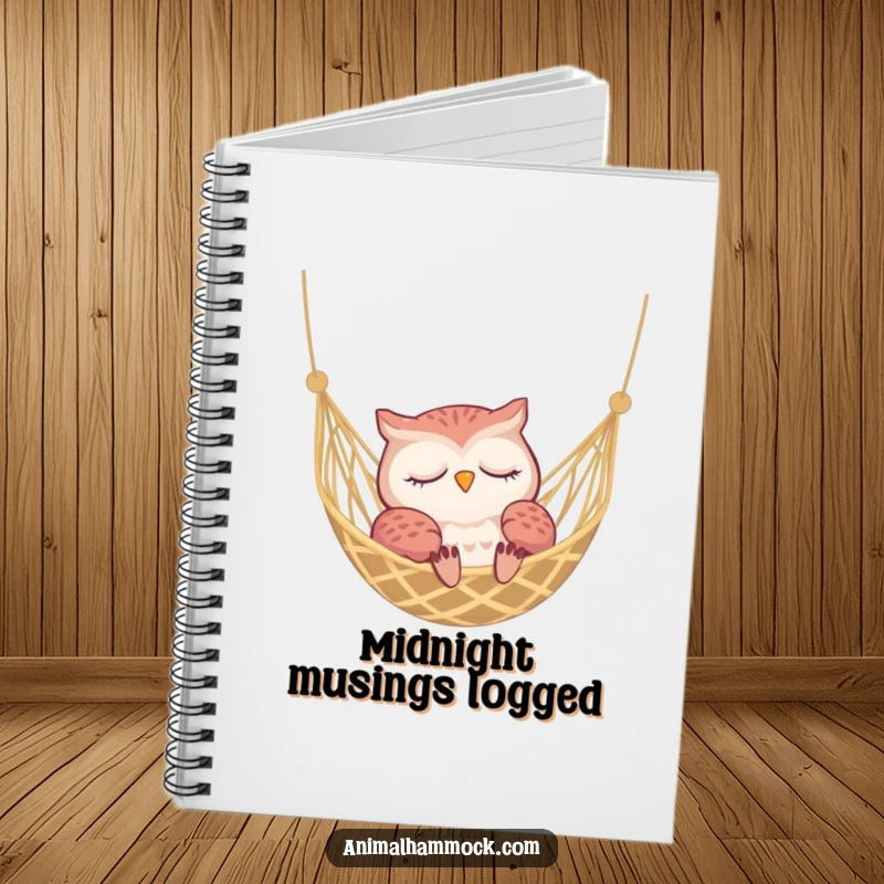 Funny sleepy owl dozing in a hammock, featured on a notebook cover for humorous note-taking and peaceful journaling.