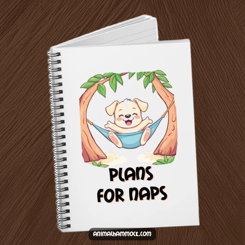 Funny Puppy Notebook showing a playful dog doing a joyful stretch while lounging in a hammock, ideal for note-taking with a dose of humor.