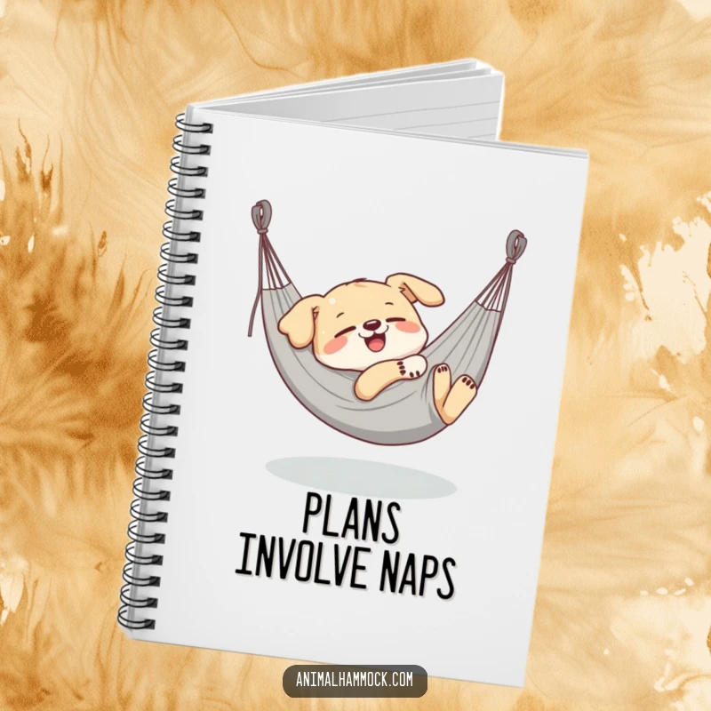 Funny Dog Notebook, a delighted dog character blissfully napping in a stretched hammock, ideal for jotting down thoughts.