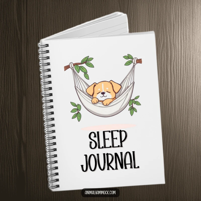 Funny notebook cover with a dog sleeping peacefully in a hammock, inspiring calm writing and note-taking. Excellent gift.