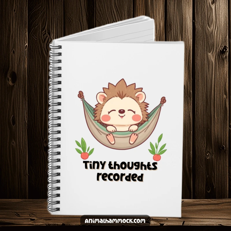 Funny Hedgehog Notebook depicting a contented character smiling with closed eyes while relaxing in a hammock, ideal for note-taking with a dose of humor.