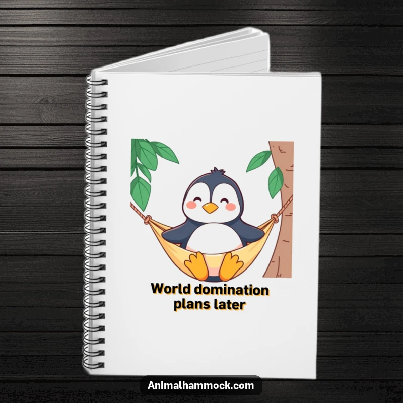 Funny notebook cover with a proud penguin character sitting upright and smiling in a hammock, ideal for note-taking and journaling.