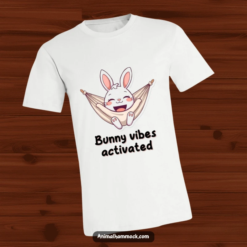 Funny bunny t-shirt showing a delighted bunny smiling broadly in a hammock, capturing pure happiness and charm. A humorous and adorable design.