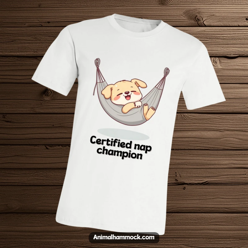 Funny Dog T-Shirt, a delighted dog character blissfully napping in a stretched hammock, radiating happiness and relaxation.