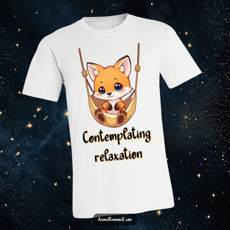 Funny small fox intently eyeing a hammock, showcasing curiosity and humor on this comfortable, stylish t-shirt.