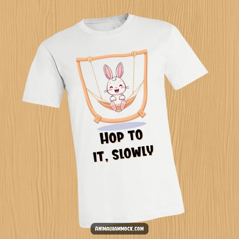 Funny cheerful bunny energetically bouncing in a hammock, depicted on a soft t-shirt for a fun and humorous look.