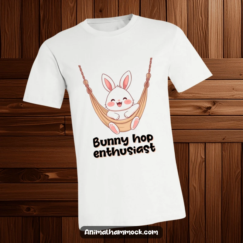 Funny fluffy bunny with rosy cheeks bouncing with excitement while swinging in a hammock, printed on a t-shirt.