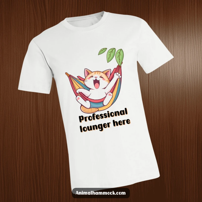 Funny cat t-shirt, yawning and stretching languidly in a colorful hammock, ideal for lounging, a great funny gift.