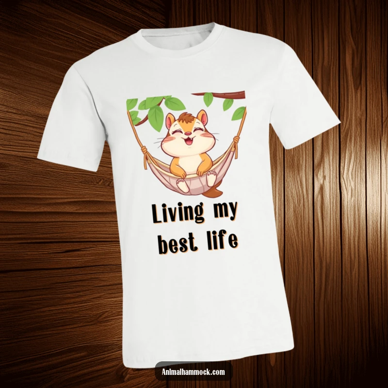 Funny chipmunk giggling with eyes closed on a hammock ride, printed on a soft t-shirt. A humorous and cheerful design.