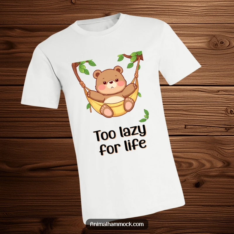 Funny chubby bear cub swaying gently in a hammock, looking utterly relaxed and happy on this comfortable, humorous t-shirt.