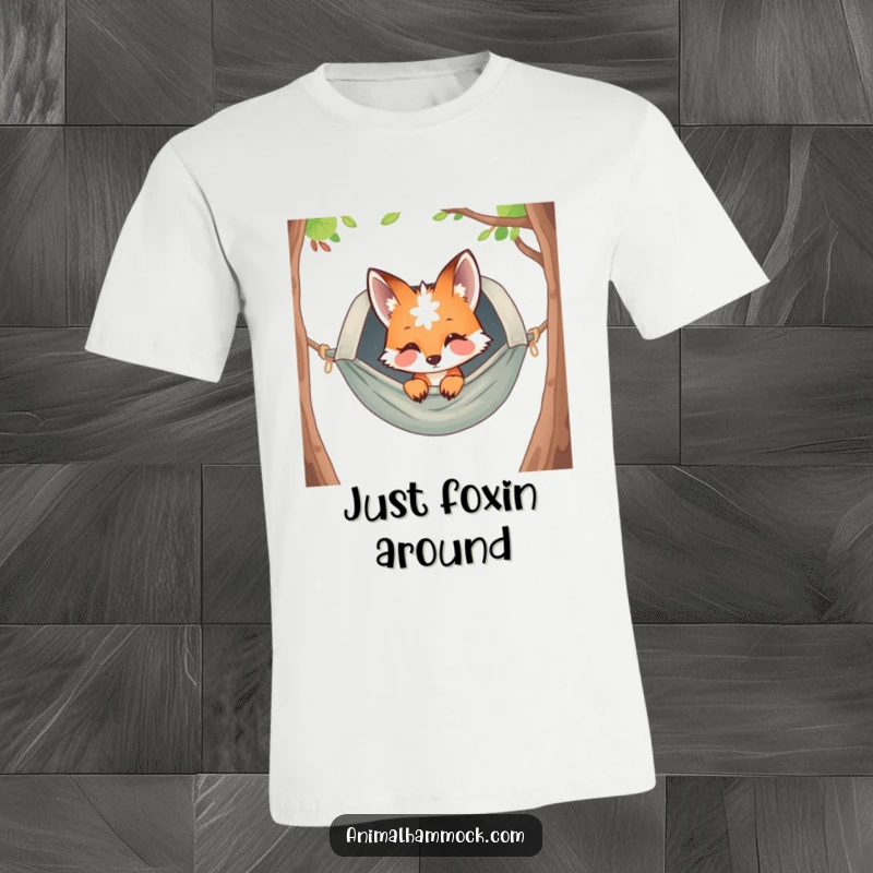Funny curious fox peeking from a hammock, printed on a soft t-shirt, embodying a spirit of adventure and relaxation, a humorous wearable art.