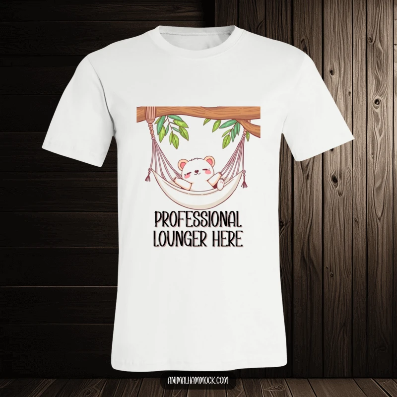 Funny t-shirt showcasing a content, cute animal stretching out luxuriously in a hammock, radiating peacefulness and hilarious contentment.