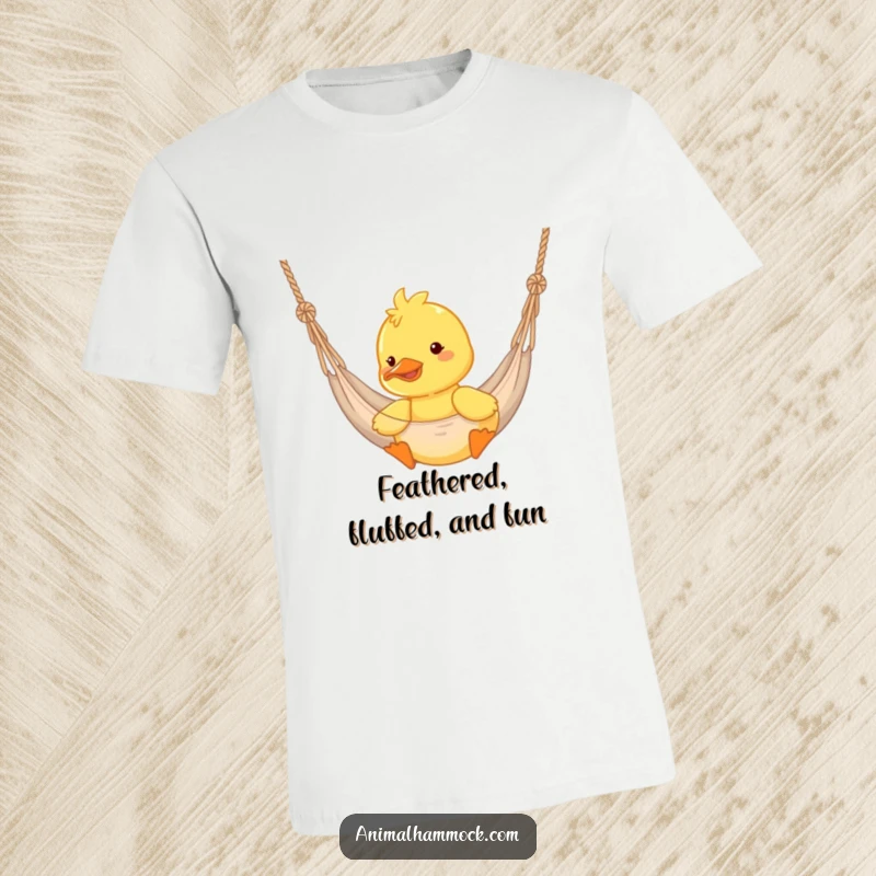 Funny duckling happily bouncing in a hammock on a t-shirt, expressing pure joy and freedom.