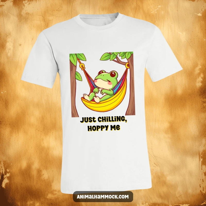 Funny small frog happily relaxing in a bright, colorful hammock, perfect for a comfortable and humorous t-shirt.