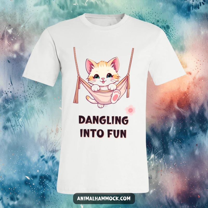 Funny kitten t-shirt featuring a playful kitten dangling from a hammock, capturing pure feline fun. A humorous and charming design.