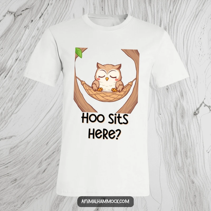 Funny contented owl with closed eyes nestled comfortably in a woven hammock, printed on a t-shirt.