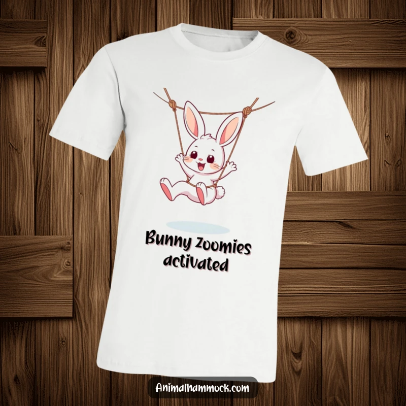Funny t-shirt depicting a hyperactive bunny swinging in a hammock, legs kicking gleefully, embodying boundless youthful energy and humor.
