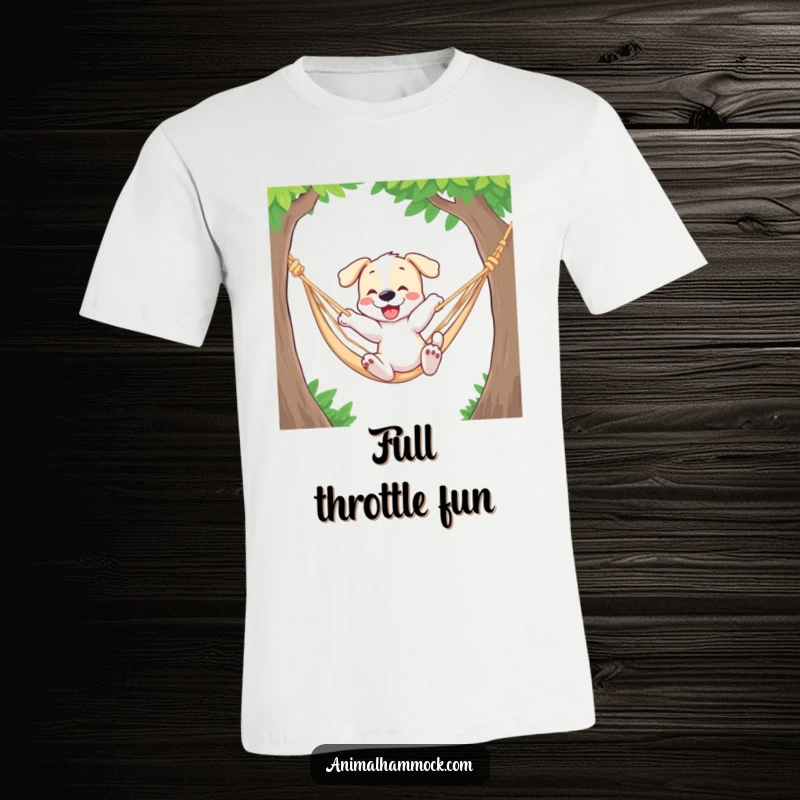 Funny dog t-shirt with a playful puppy bouncing energetically in a hammock, capturing a moment of pure canine happiness.