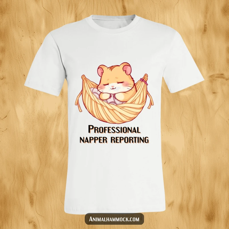 Funny t-shirt with a content hamster character nestled in a soft yarn hammock, highlighting a peaceful and humorous sleepy moment.