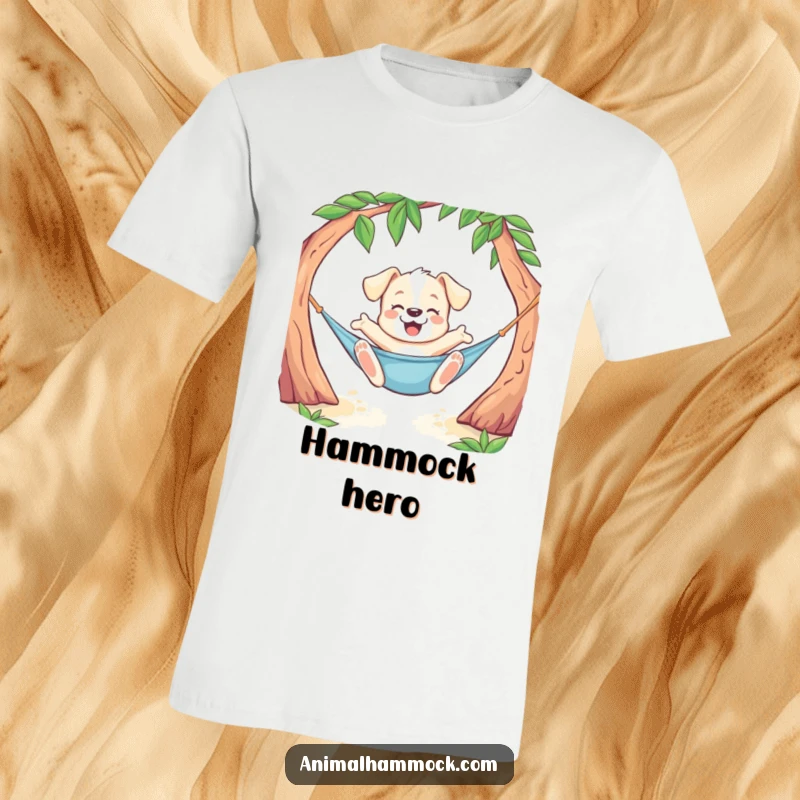 Funny Puppy T-Shirt displaying a playful dog doing a joyful stretch while lounging in a hammock, capturing a moment of pure canine bliss.