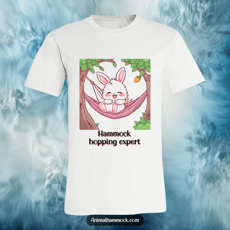 Funny Bunny T-Shirt with a fluffy character gleefully bouncing while napping in a hammock, showcasing pure, sleepy bliss and comfort.