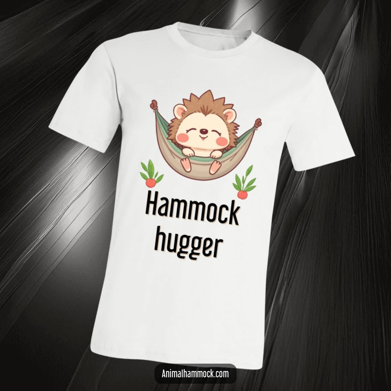 Funny Hedgehog T-Shirt depicting a contented character smiling with closed eyes while relaxing in a hammock, showcasing ultimate relaxation and joy.