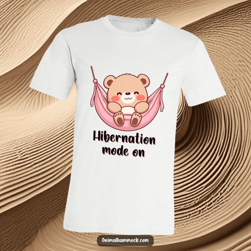 Funny Bear T-Shirt, a content bear character sinking into a plush hammock with a smile, radiating happiness and peace.