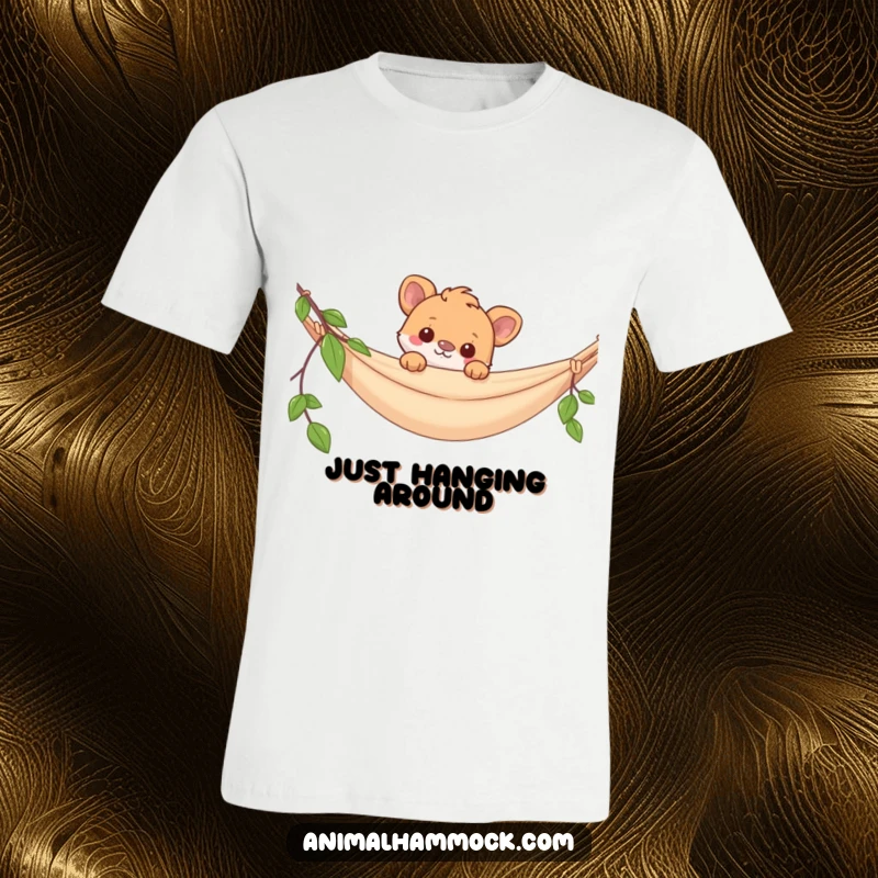 Funny t-shirt featuring a mischievous animal peeking playfully over a hammock, radiating joy and a relaxed vibe.