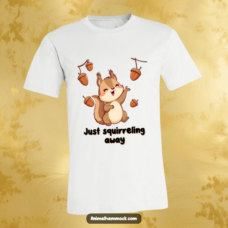 Funny squirrel character suspended mid-air, juggling a pile of acorns with impressive skill on a humorous t-shirt.