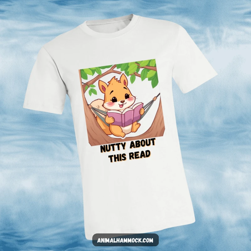Funny cheerful squirrel enthusiastically reading a book while lounging in a hammock, a comfy and humorous t-shirt design.