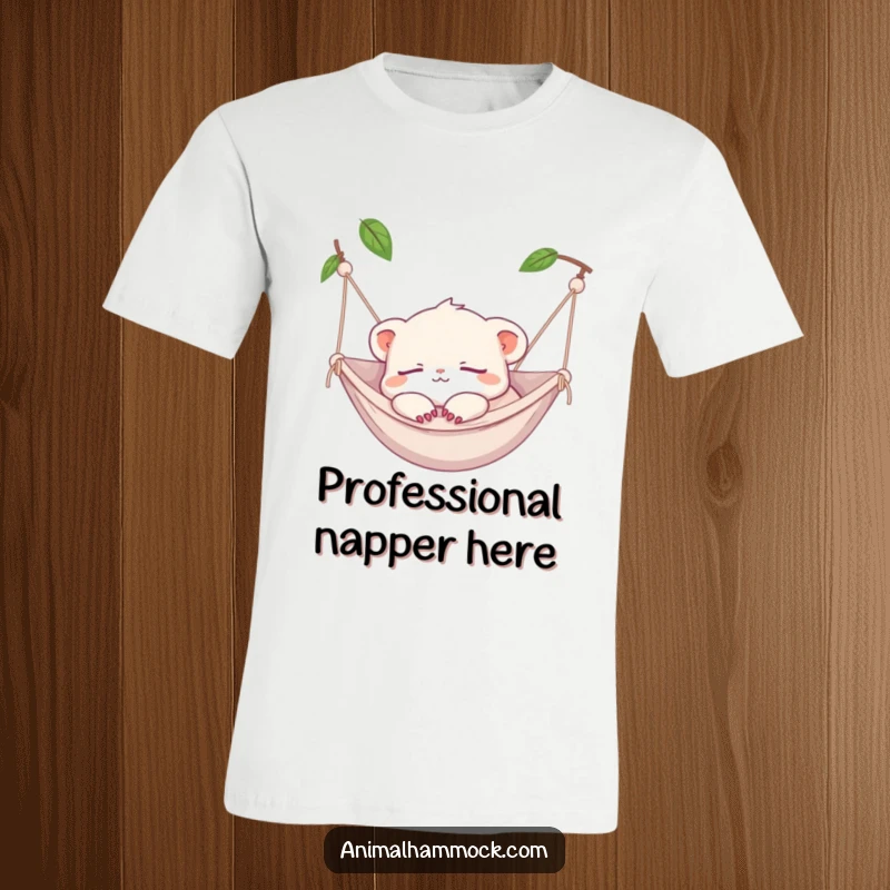 Funny T-Shirt: A tiny creature napping soundly in a hammock, paws dangling, perfect for lounging and relaxation.
