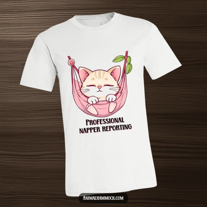 Funny round cat with huge sparkling eyes snoozing peacefully in a hammock, printed on a soft t-shirt.