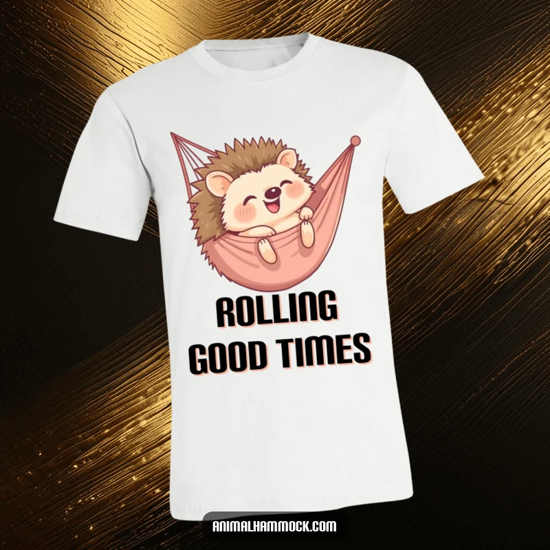Funny t-shirt illustrating a cheerful hedgehog tumbling into a hammock with glee, capturing a moment of pure, unadulterated fun. Great gift.