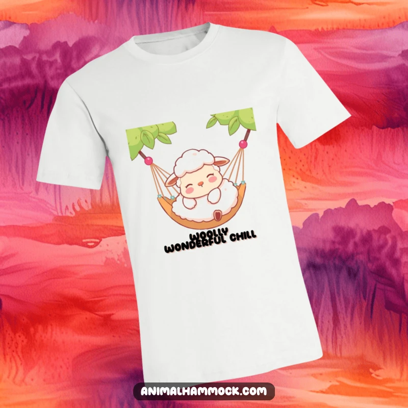 Funny sheep t-shirt showing a contented sheep resting peacefully in a hammock, embodying tranquil relaxation and fluffy humor.
