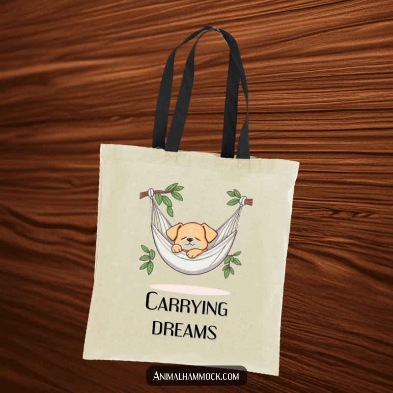 Funny tote bag featuring a peaceful dog napping in a hammock, combining practicality with adorable, humorous design. Excellent gift.