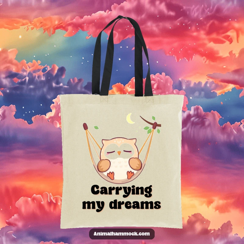Funny round owl character dreaming while floating in a hammock, featured on a stylish tote bag for everyday use.