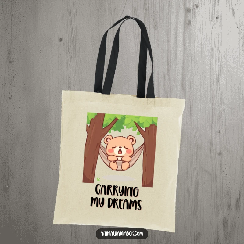 Funny yawning bear cub dozing in a hammock between trees, printed on a sturdy tote bag, showcasing a cute and humorous design for daily use.