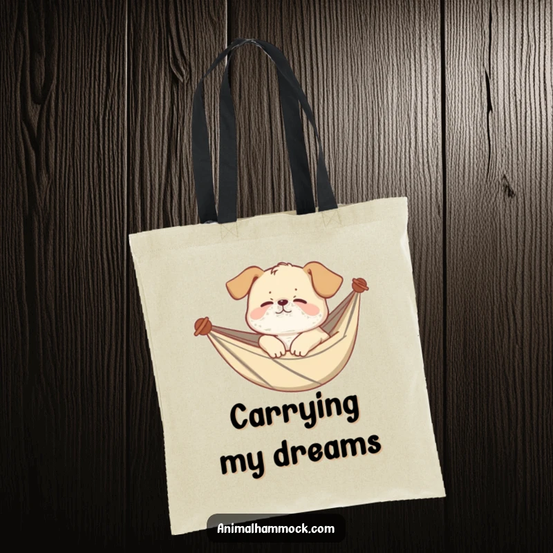 Funny puppy tote bag with a giggling puppy sleeping soundly in a hammock, showcasing a delightful and humorous dog-themed design. A practical accessory.